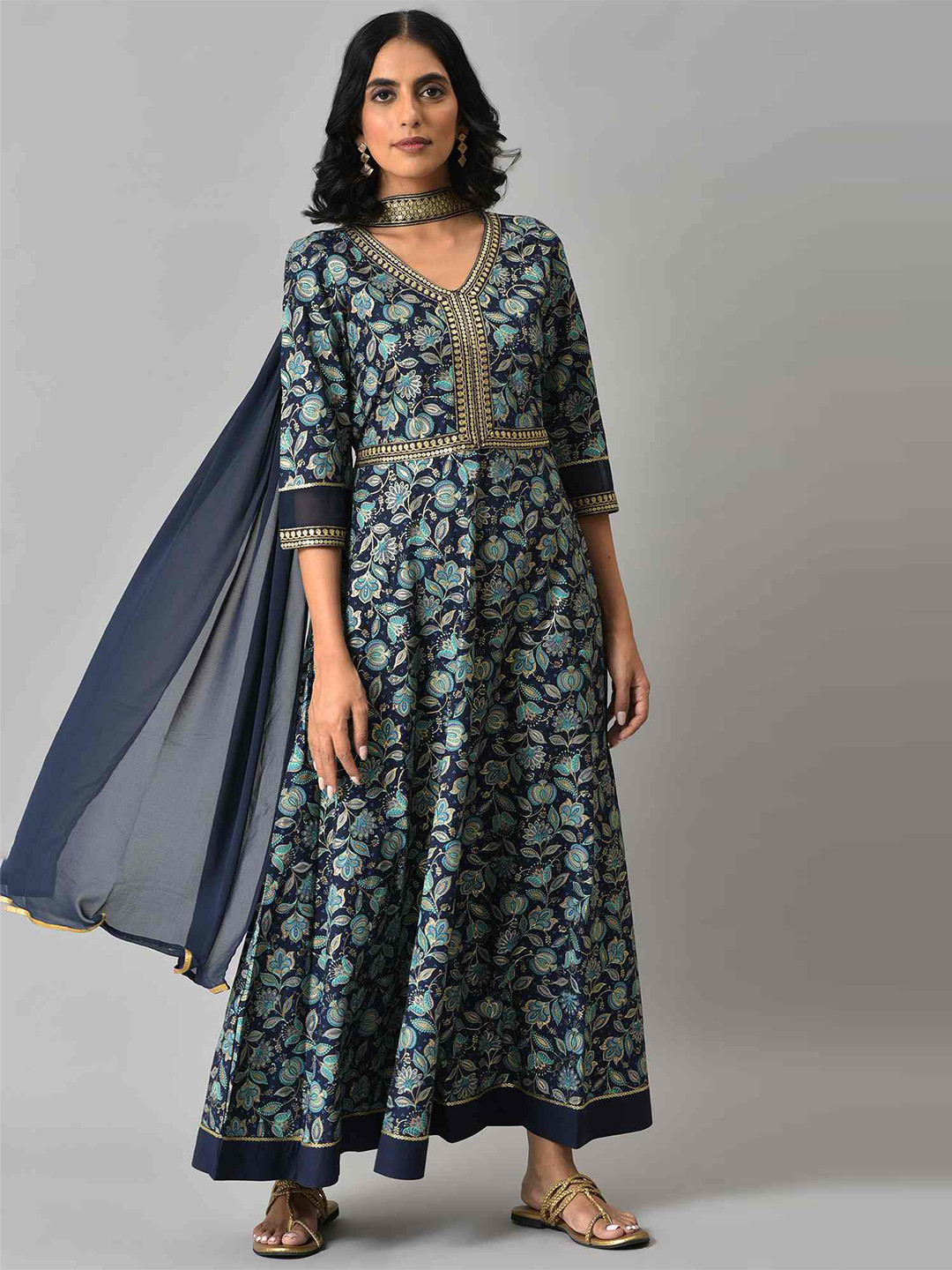 AURELIA Blue Zari Embroidered Floral Printed Choker Maxi Dress