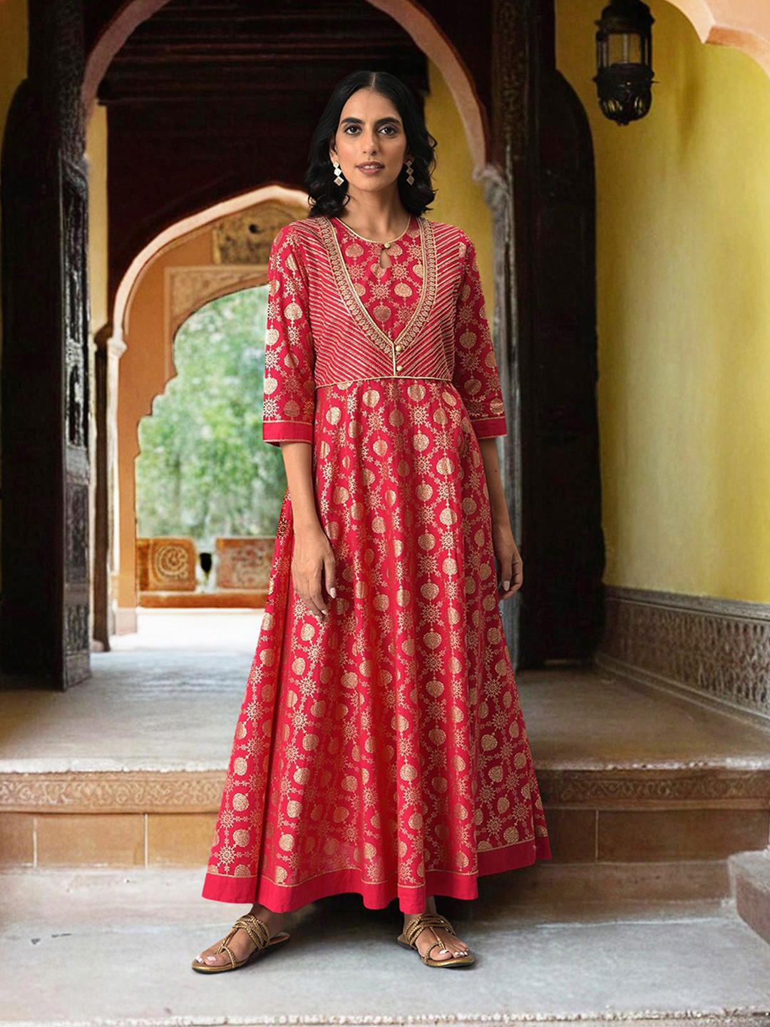 AURELIA Pink & Gold-Toned Floral Keyhole Neck Ethnic Pure Cotton Maxi Ethnic Dress