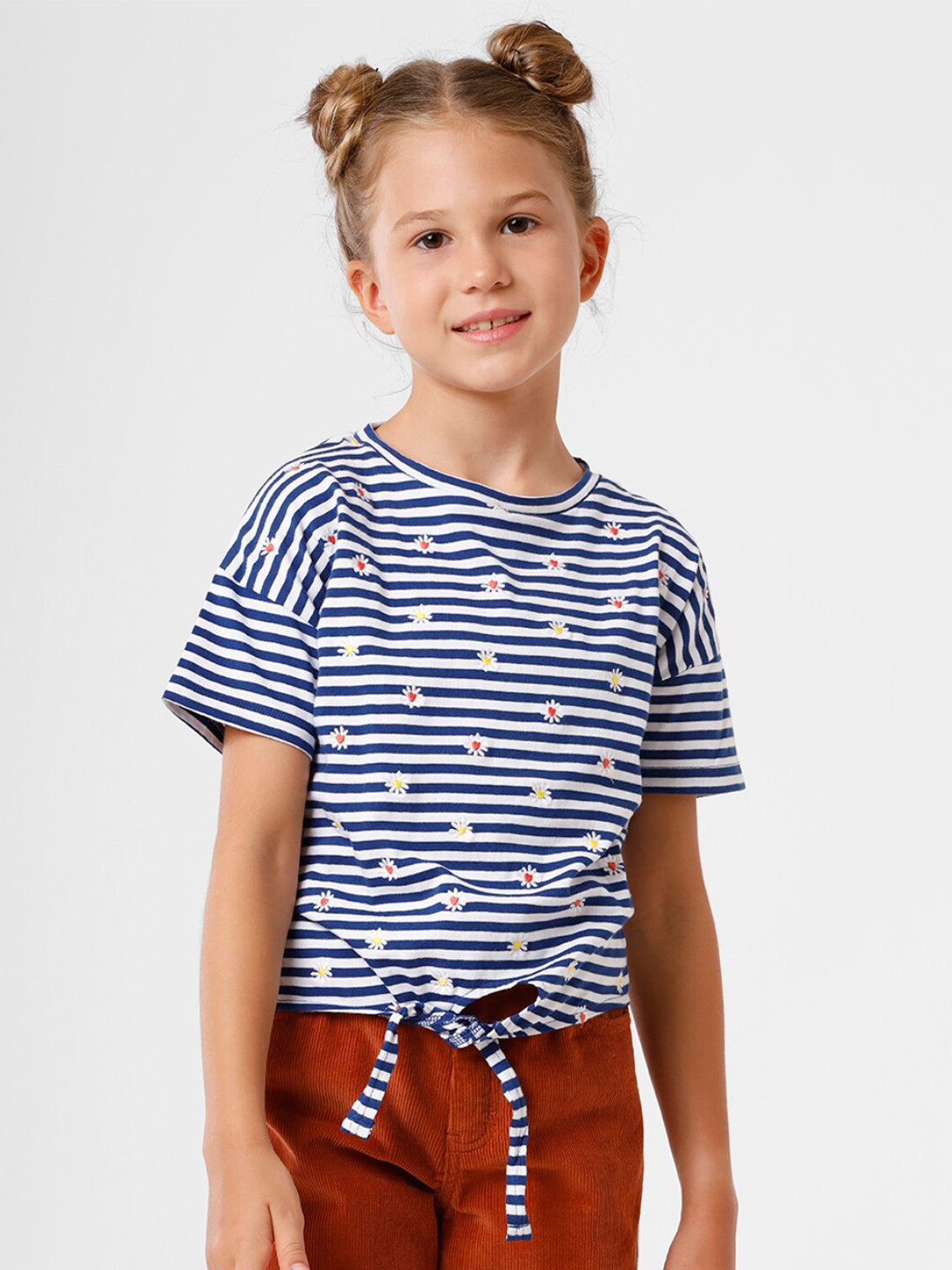KATE & OSCAR Girls Blue & White Striped Cotton T-shirt