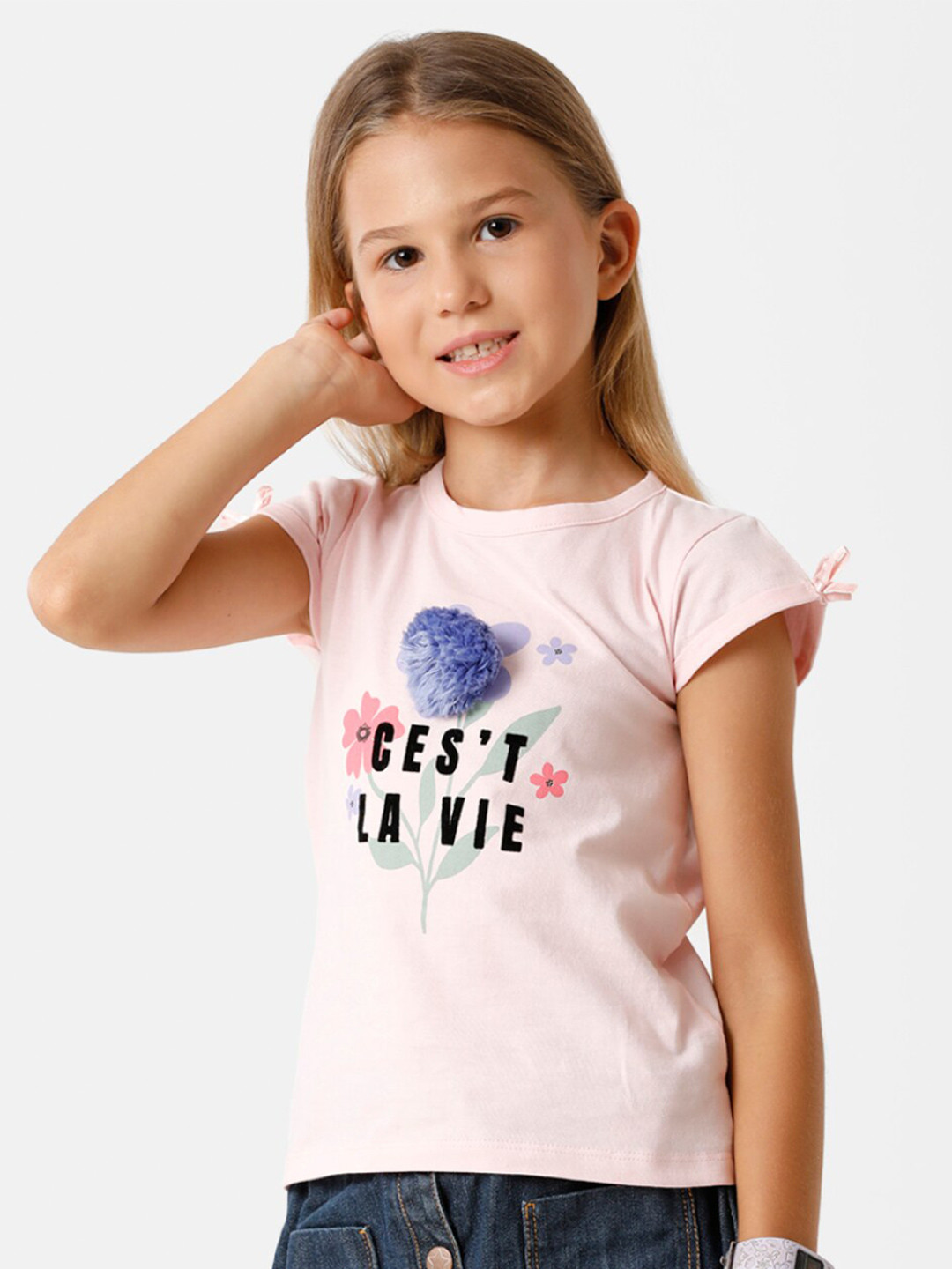 KATE & OSCAR Girls Pink & Blue Printed Round Neck Cotton T-shirt