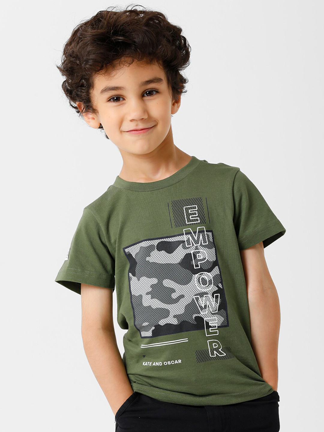 KATE & OSCAR Boys Olive Green Printed Round Neck Cotton T-shirt