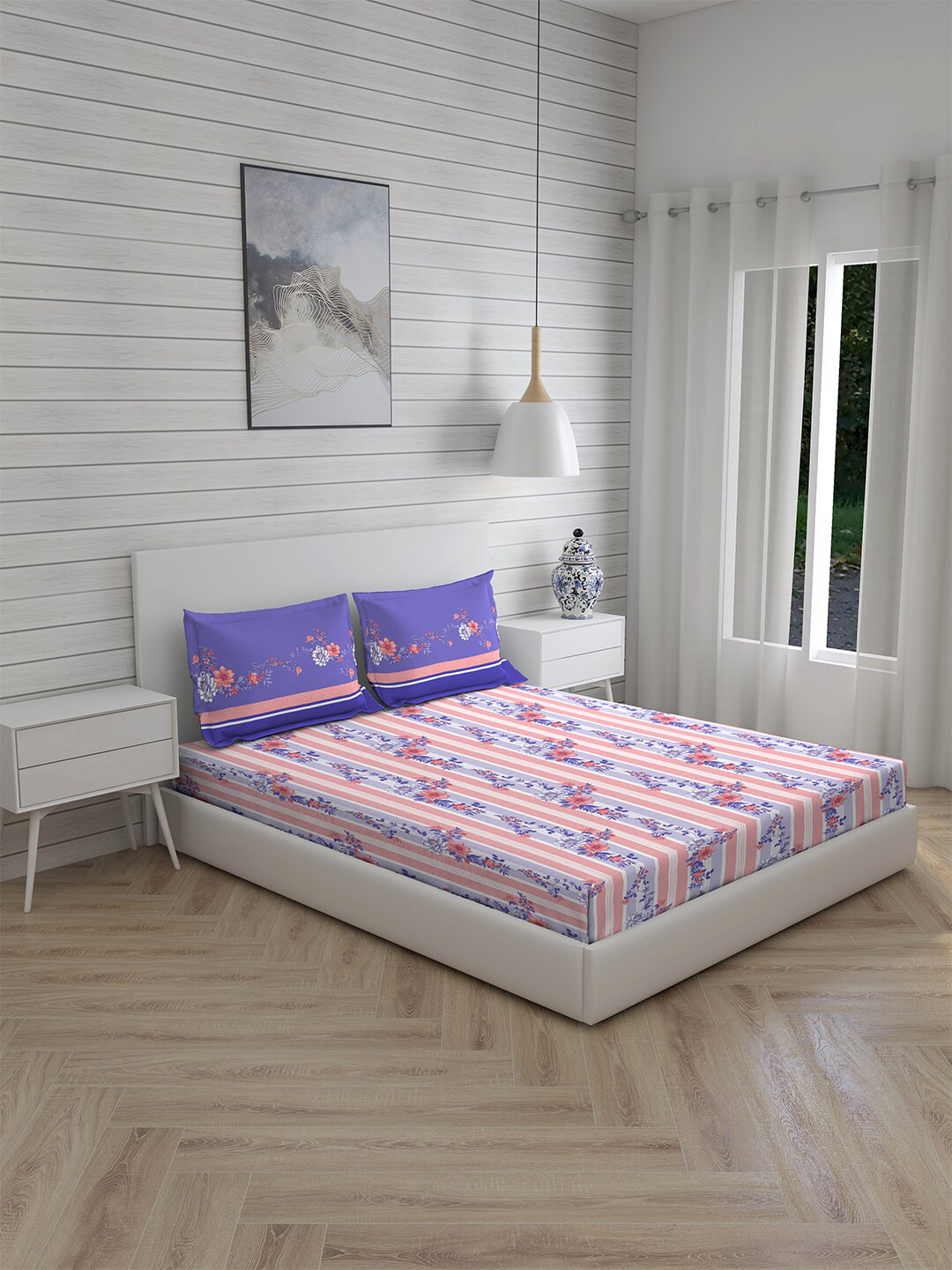 Layers Blue & Purple Floral 104 TC King Bedsheet with 2 Pillow Covers