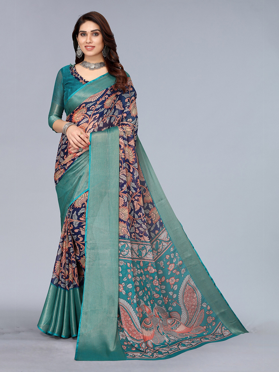 Winza Designer Navy Blue & Green Floral Zari Pure Chiffon Maheshwari Saree