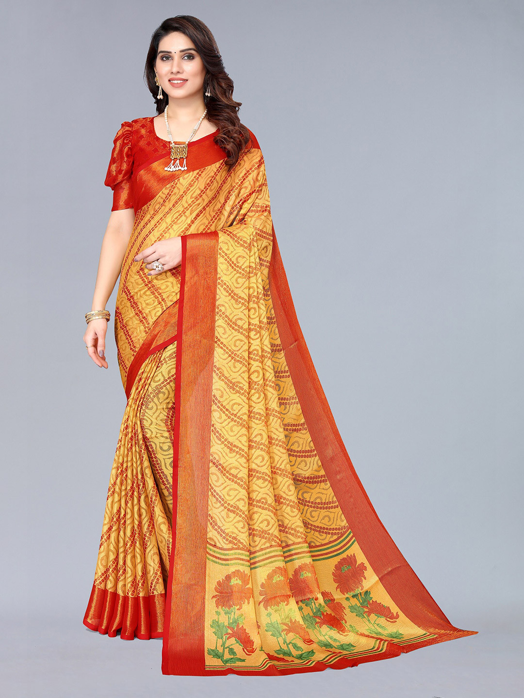Winza Designer Beige & Red Bandhani Zari Pure Chiffon Bandhani Saree