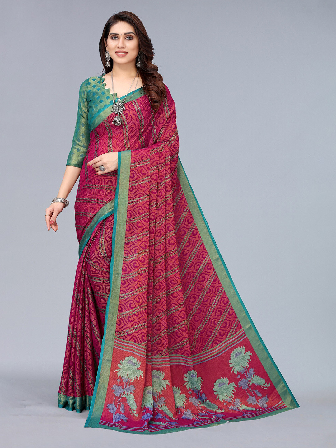 Winza Designer Magenta & Green Bandhani Zari Pure Chiffon Bandhani Saree