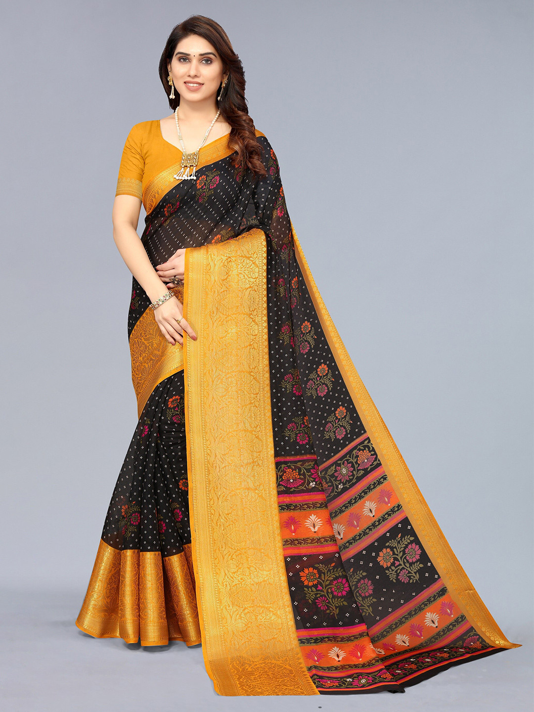 Winza Designer Black And Yellow Floral Print Zari Woven Design Border Bandhani Saree
