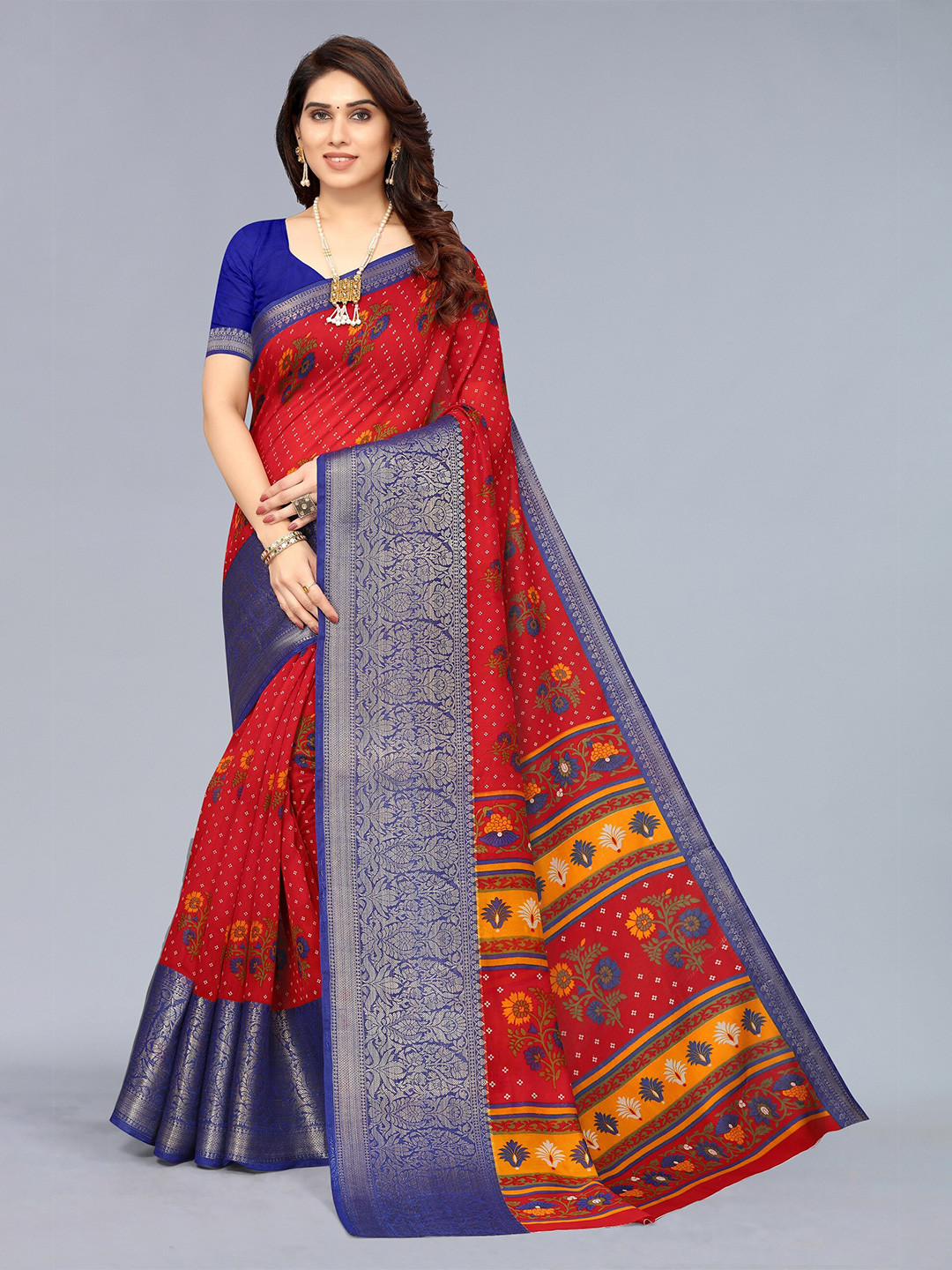Winza Designer Red And Blue Floral Print Zari Woven Design Border Bandhani Saree