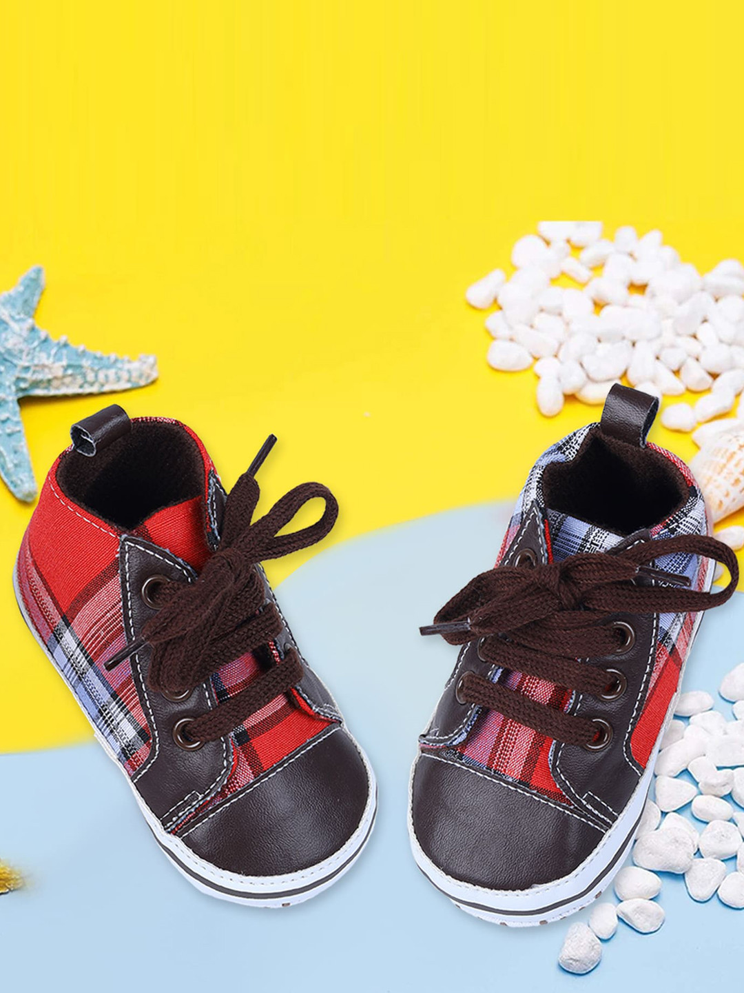 Baby Moo Kids Red Checked Stylish Sneaker Booties
