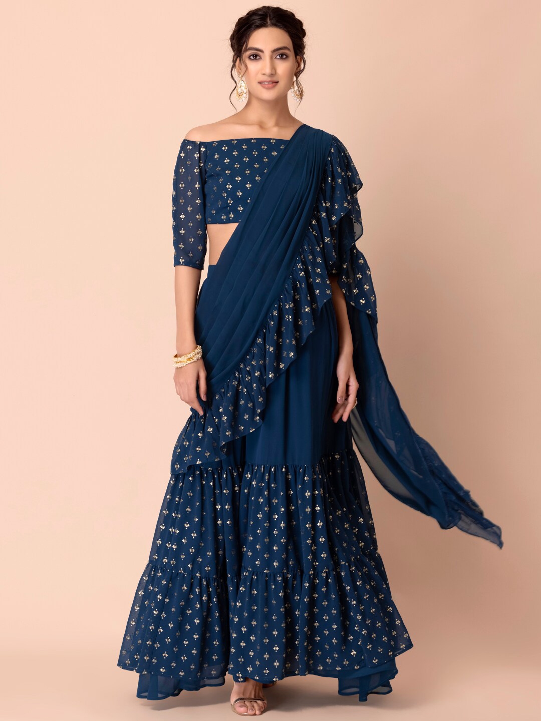 Buy INDYA Navy Blue & Gold Toned Ethnic Motifs Ready To Wear Saree - Sarees  for Women 19994630 | Myntra