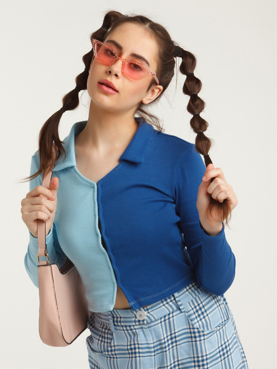 zink Z Women Blue Colorblocked Shirt Style Top