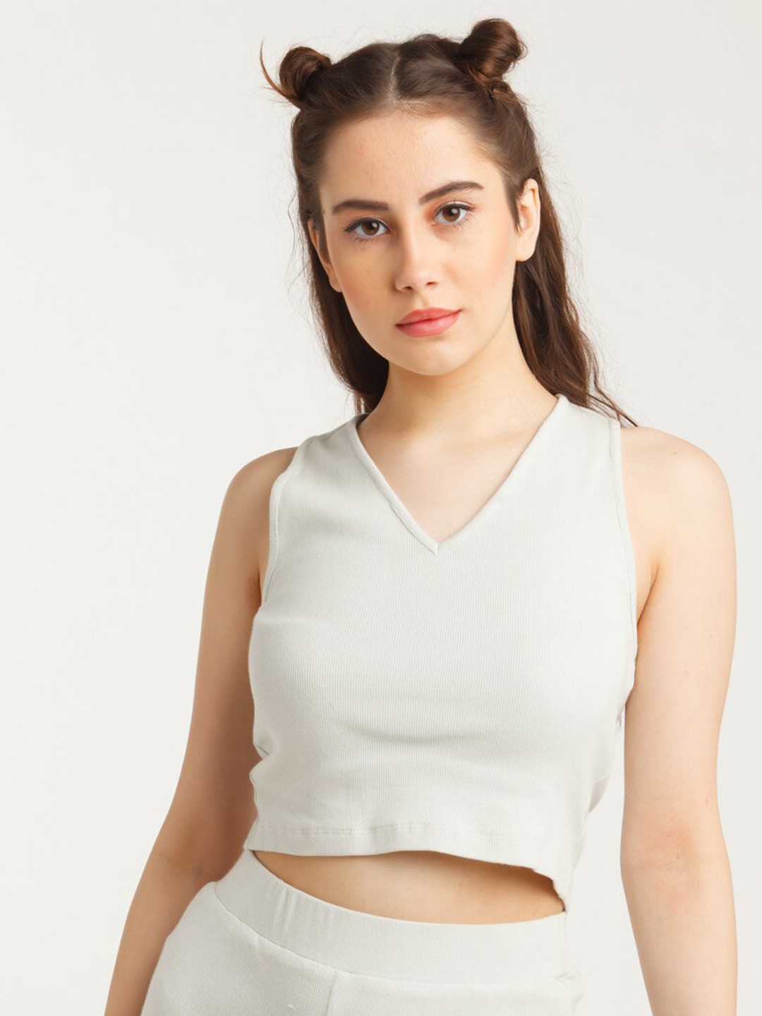 zink Z Women Grey Solid Fitted Pure Cotton Crop Top