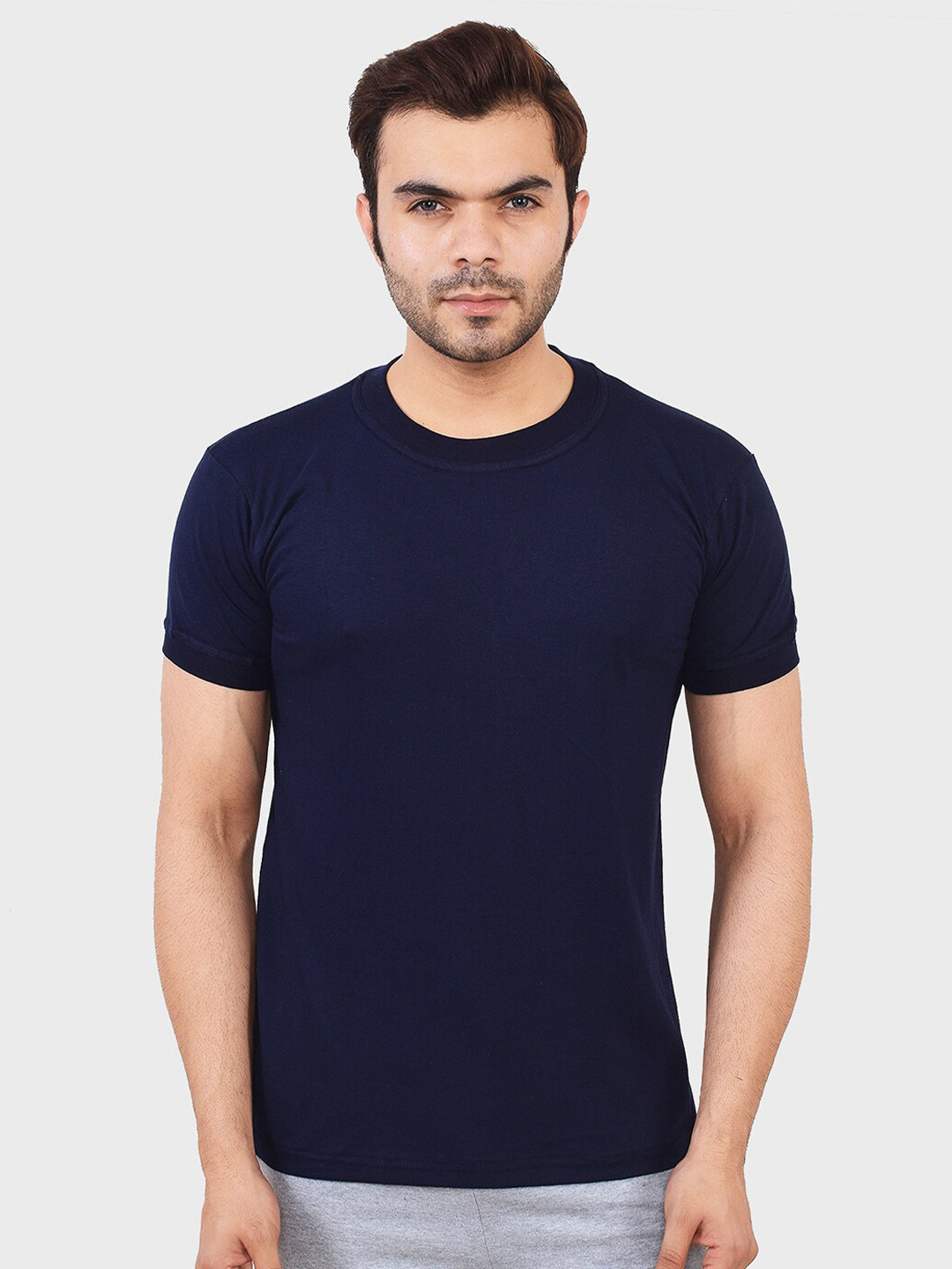 TEEMOODS Men Navy Blue Solid Cotton Casual T-shirt