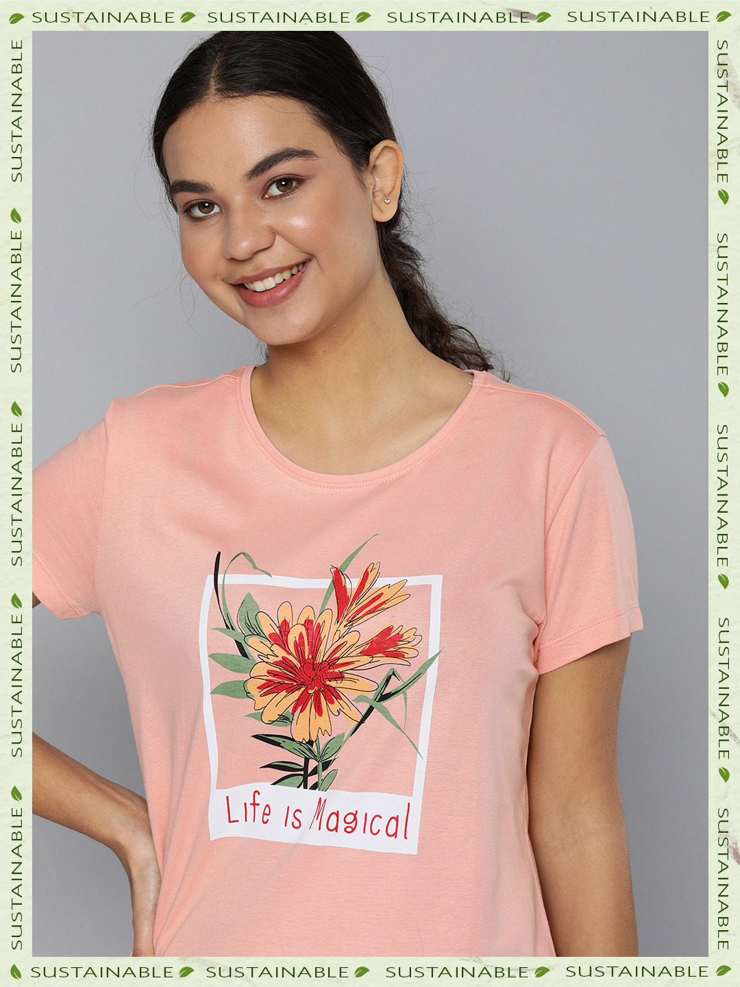 HERE&NOW Women Peach-Coloured & White Graphic Printed T-shirt
