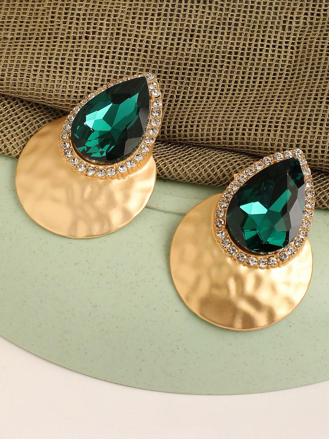 SOHI Women Gold-Plated & Green Contemporary Studs Earrings