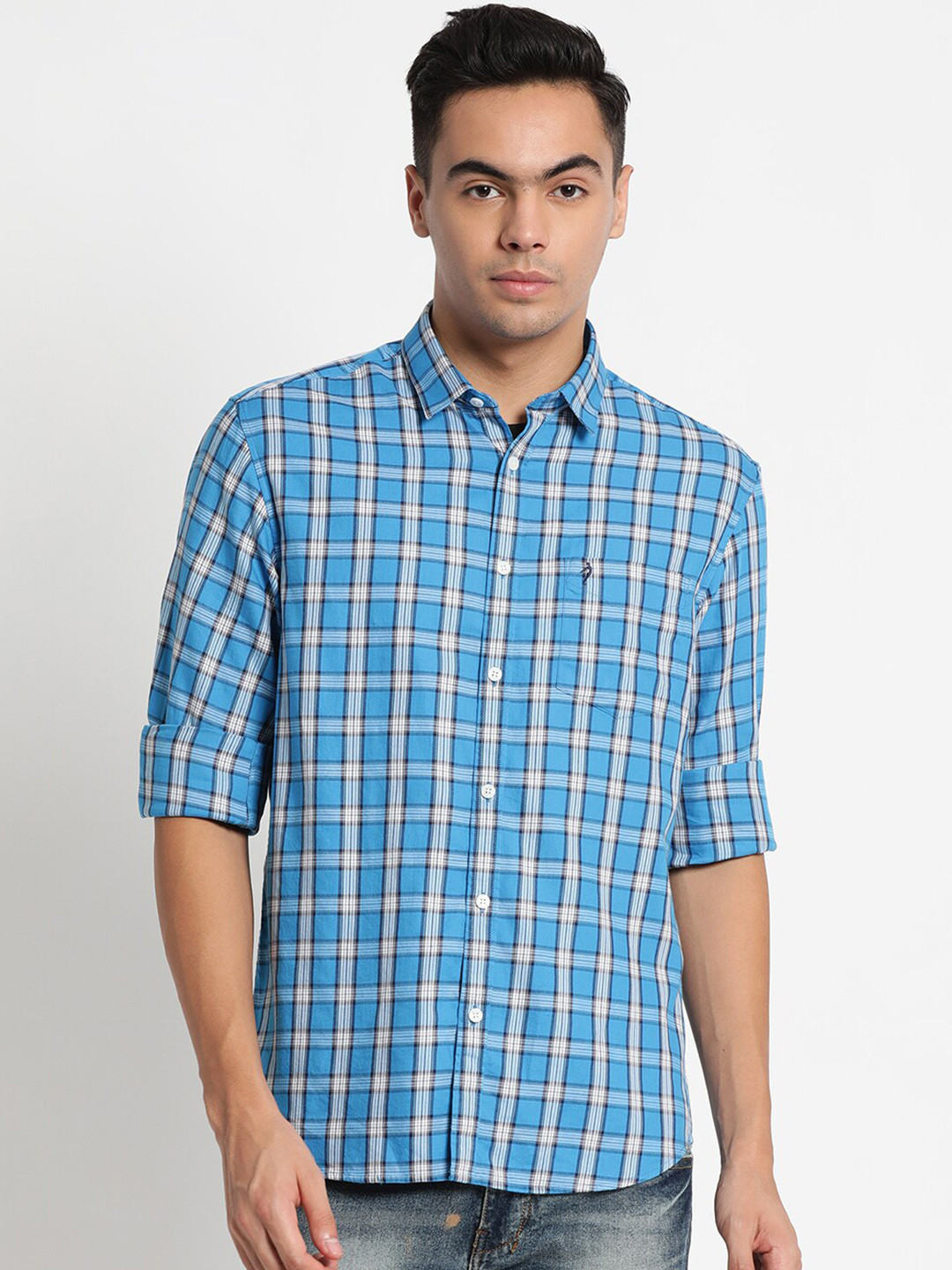 Indian Terrain Men Blue Chiseled Slim Fit Checked Casual Cotton Shirt