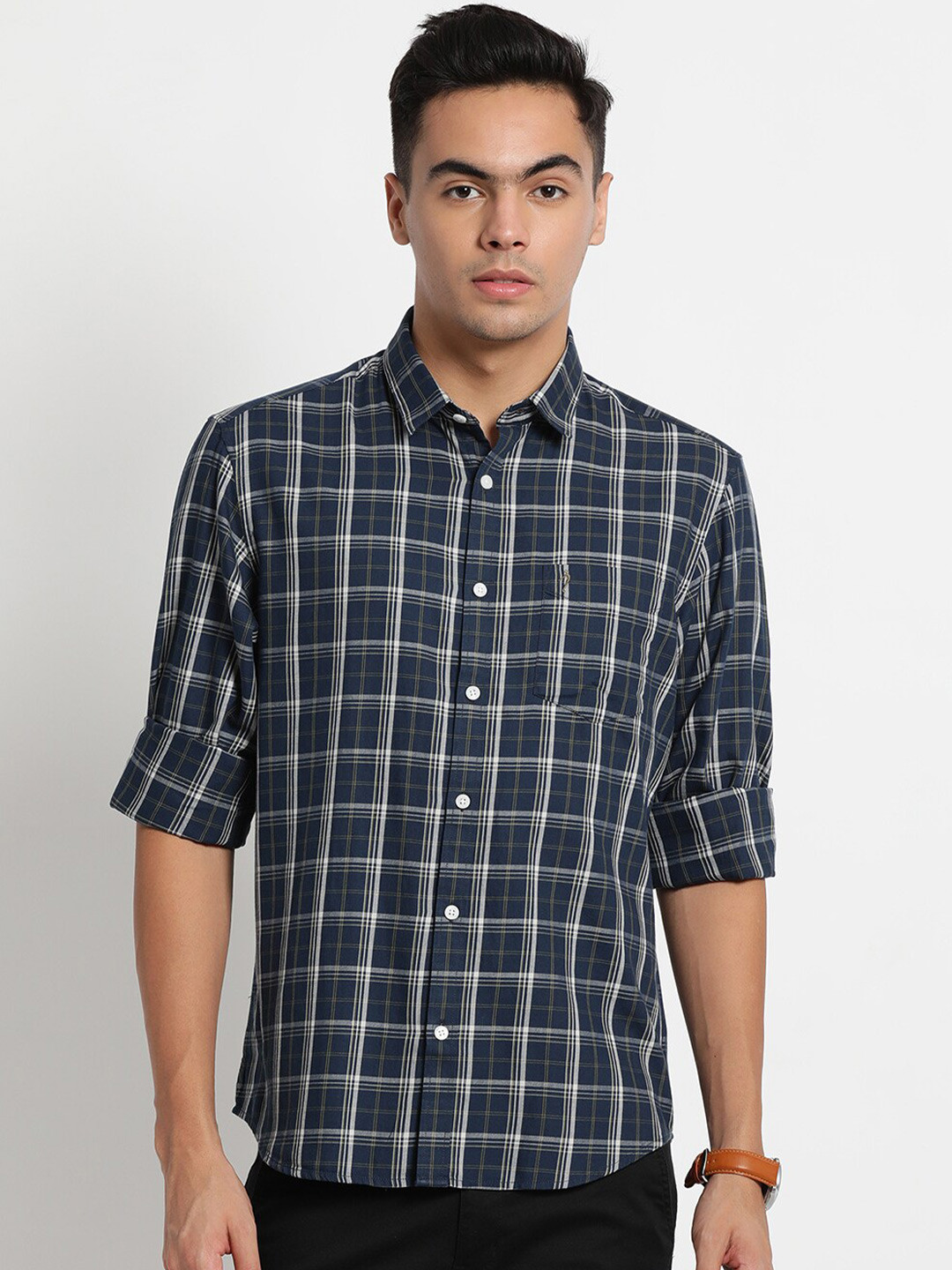 Indian Terrain Men Blue Chiseled Slim Fit Tartan Checks Checked Casual Shirt