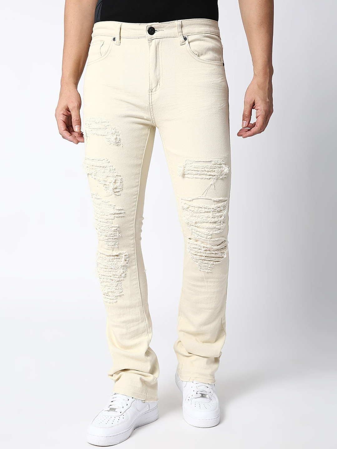 WAIMEA Men Cream-Coloured Skinny Fit Highly Distressed Stretchable Jeans