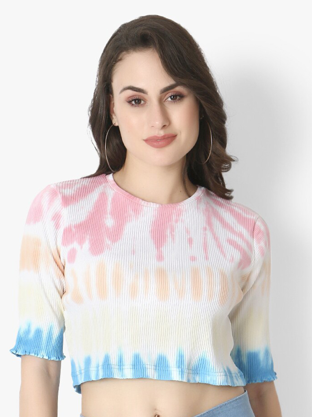 Again fashions Women Multicoloured Tie and Dye Print Crop Pure Cotton Top