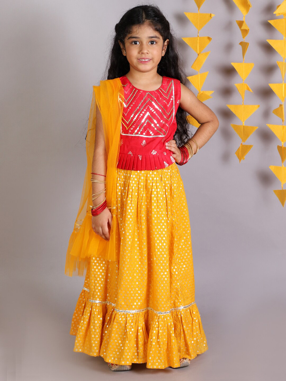 LIL DRAMA Girls Red & Yellow Embellished Ready to Wear Lehenga & Choli Set