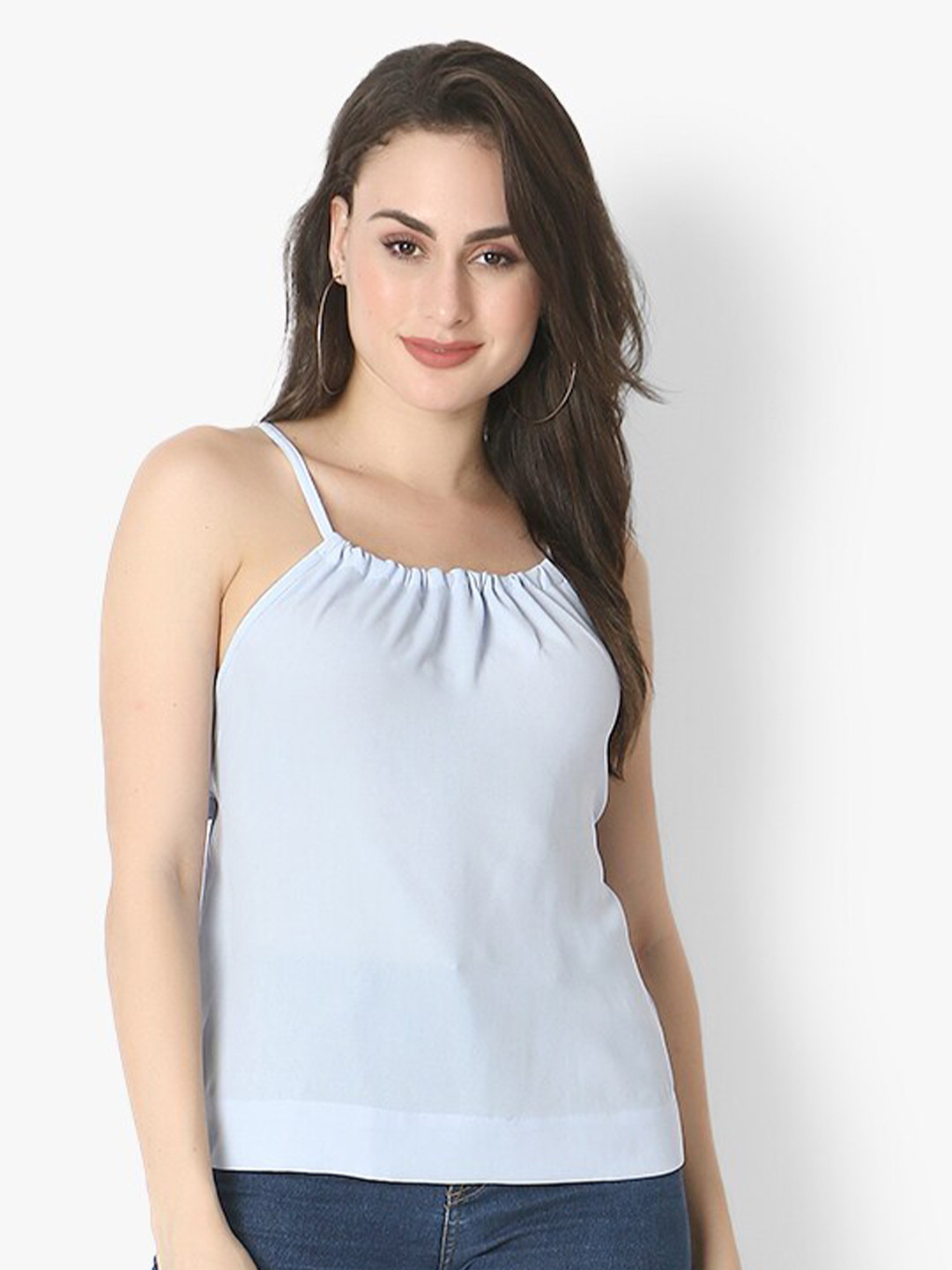 Again fashions Women Blue Solid Pure Cotton Waist Tie-Up Top