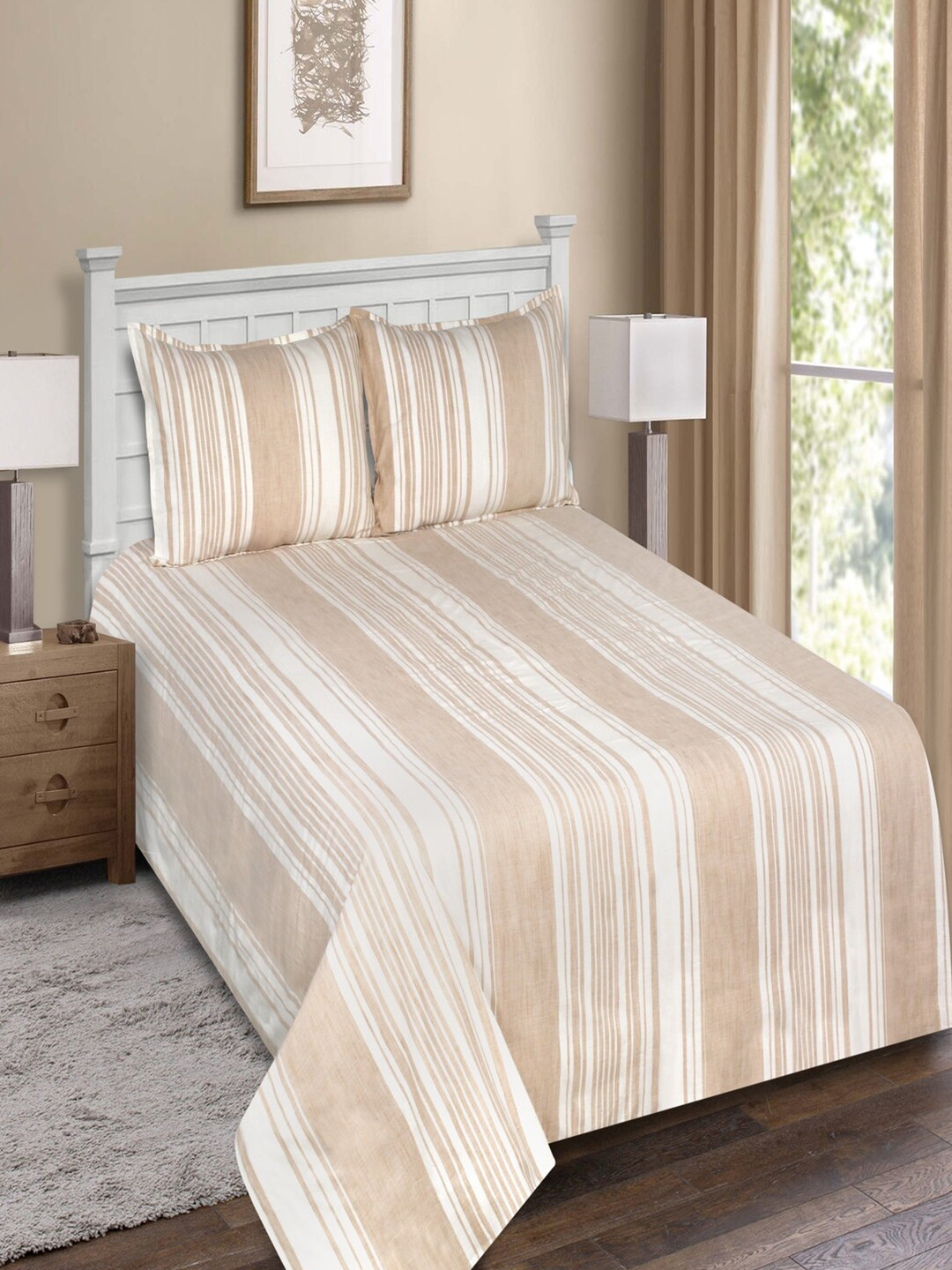 SHADES of LIFE Amaze Beige Striped Cotton 250 TC King Fine Bedsheet with 2 Pillow Covers-108 x 108 inches