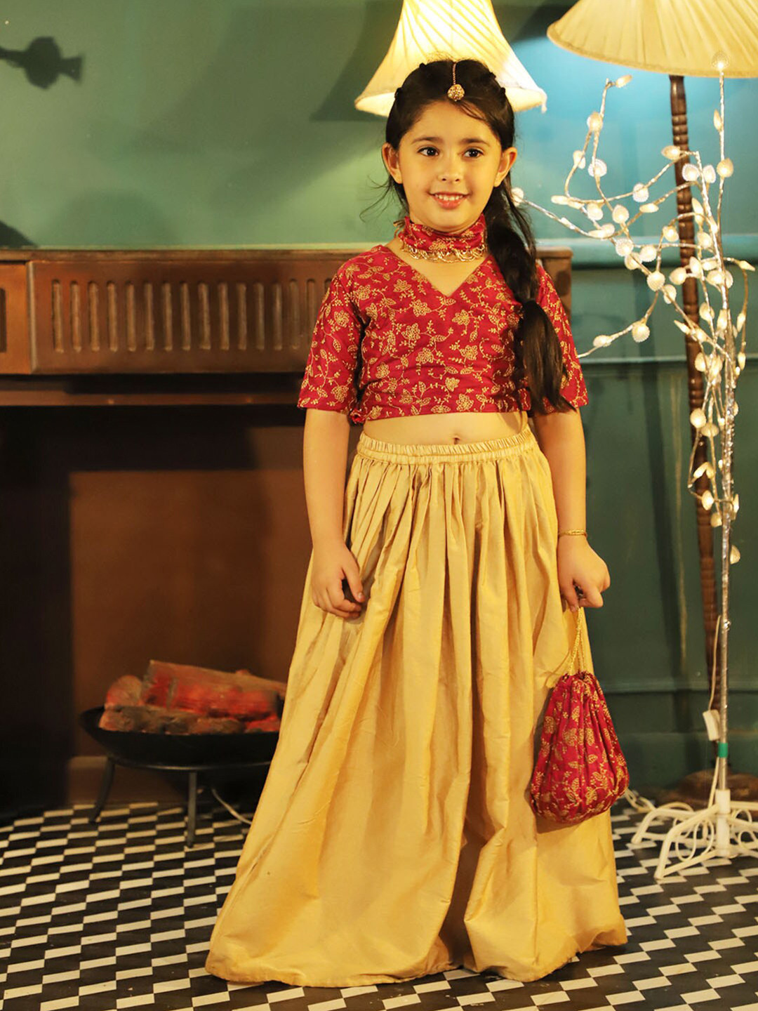 VASTRAMAY Girls Embroidered Top & Rose Gold Skirt With Matching Neckless & Potli Bag