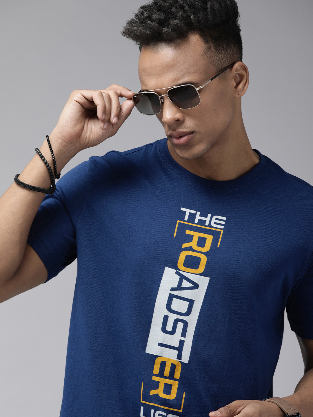 Roadster Men Navy Blue & White Typography Printed Pure Cotton T-shirt