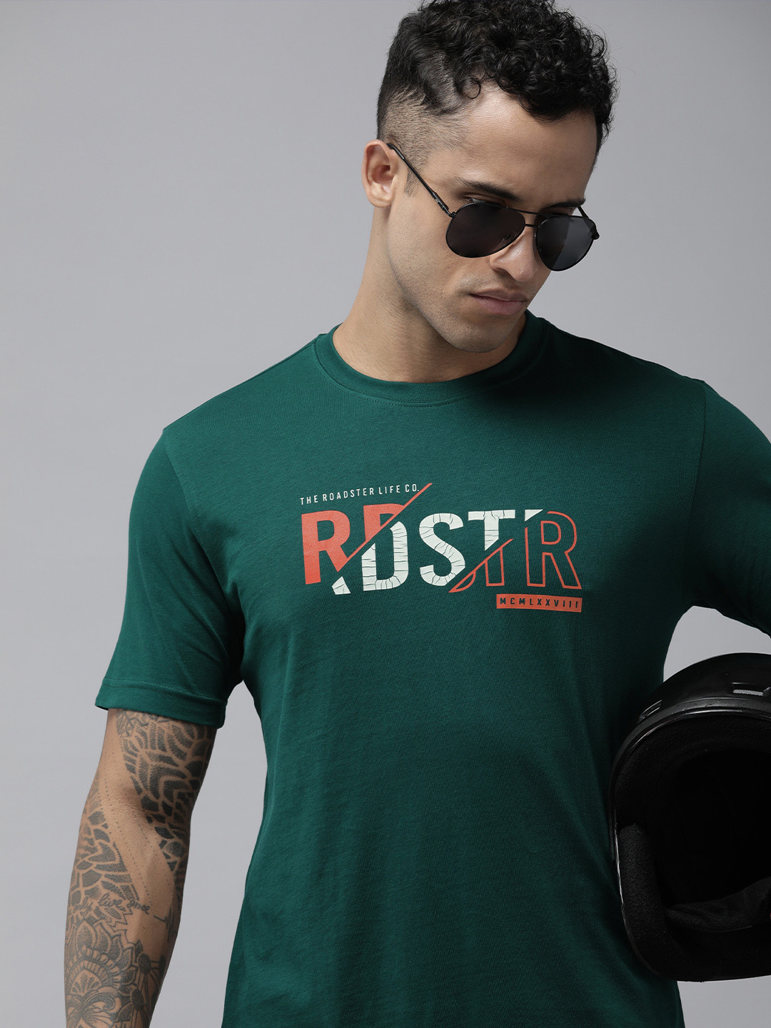 Roadster Men Green Brand Logo Printed Pure Cotton T-shirt