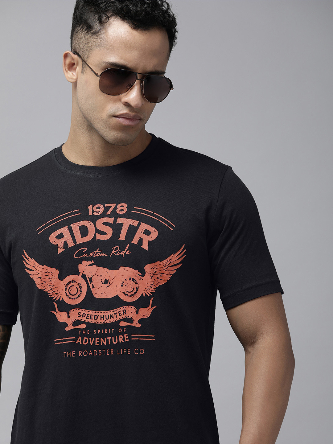 Roadster Men Black & Rust Red Brand Logo Printed Pure Cotton T-shirt