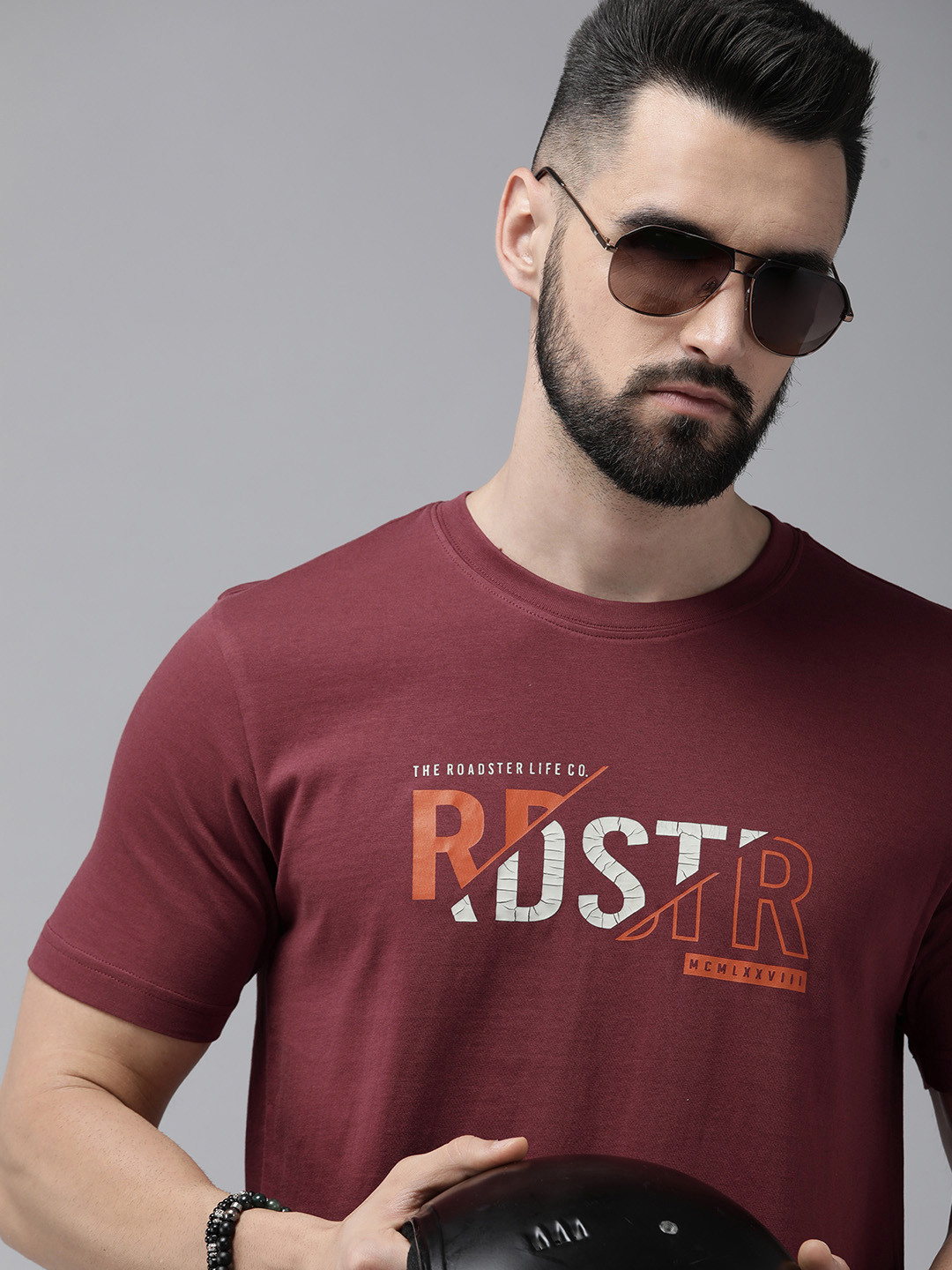 Roadster Men Burgundy Brand Logo Printed Pure Cotton T-shirt