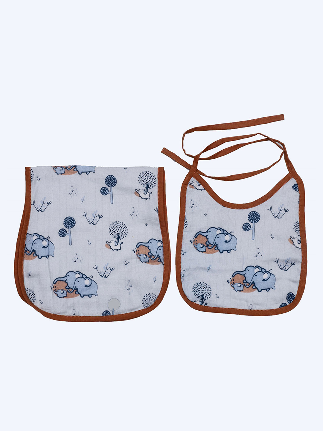 Bhaakur Kids Pack of 2 Blue & Brown Printed Cotton Bibs & Burp