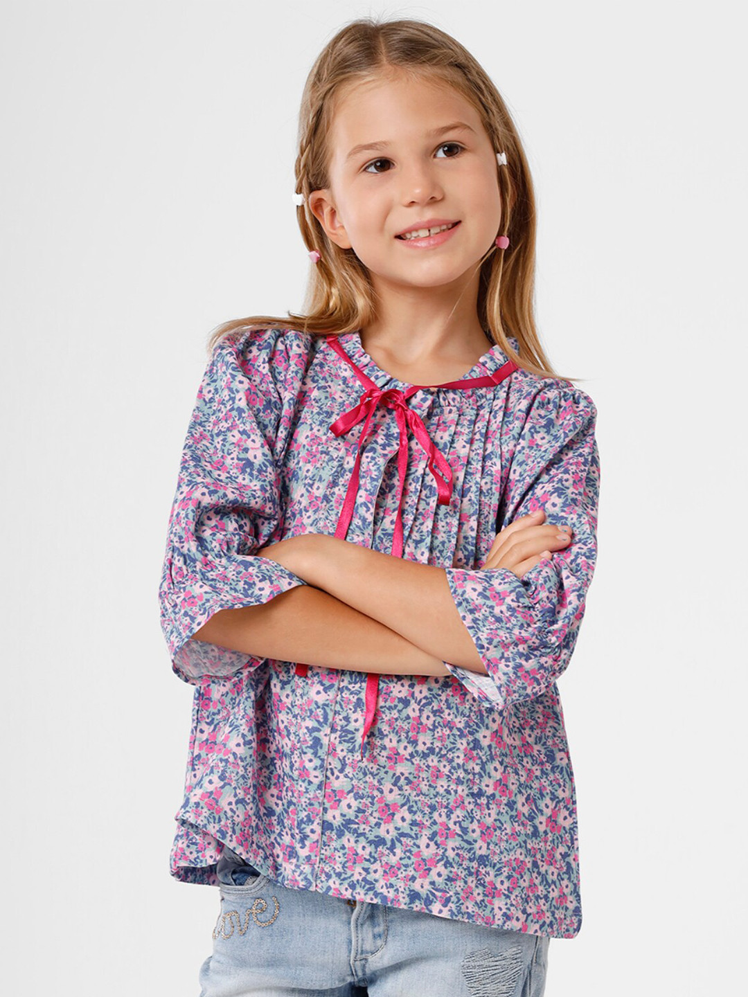 KATE & OSCAR Blue Floral Print Tie-Up Neck Top