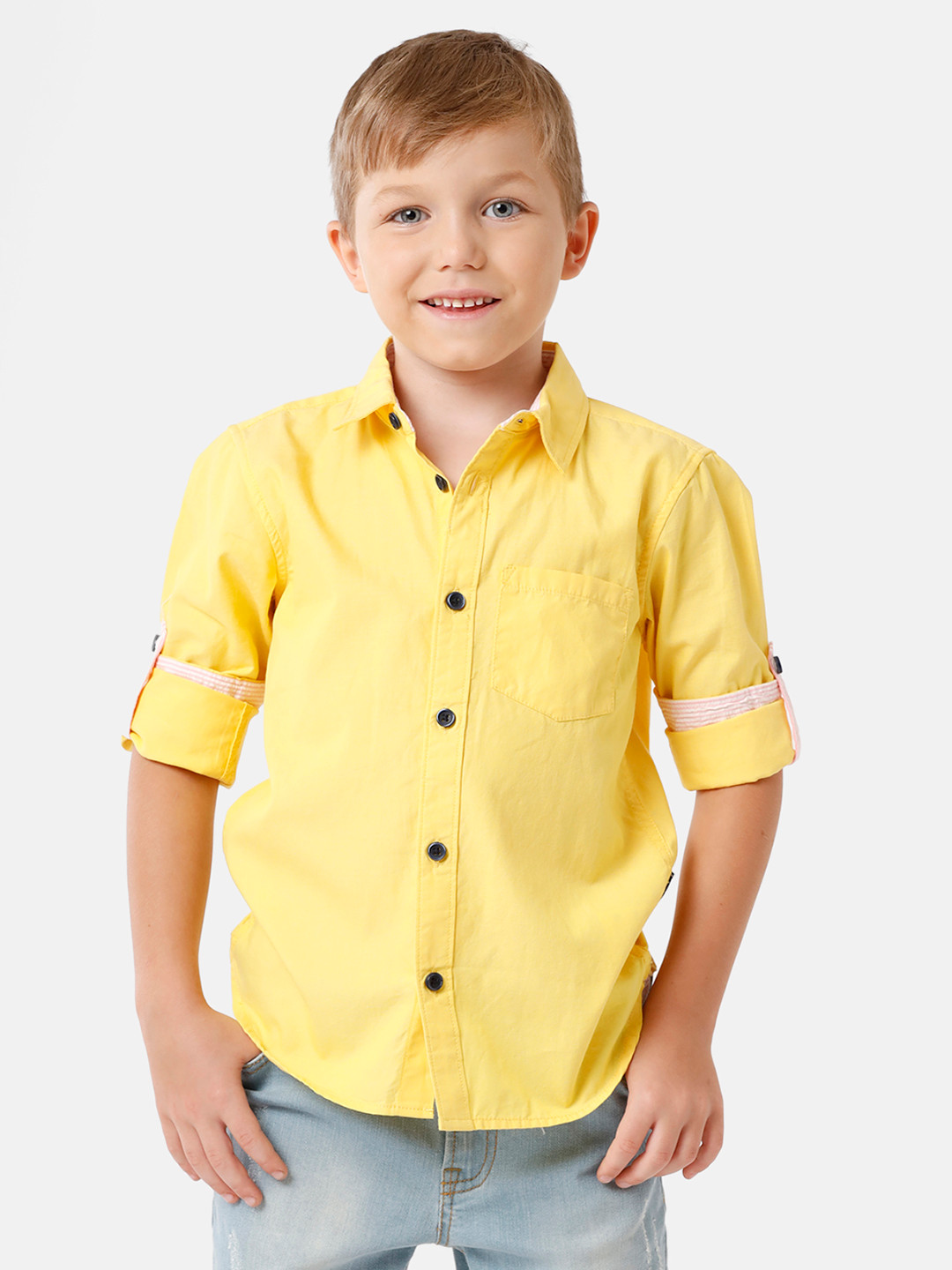 KATE & OSCAR Boys Yellow Solid Standard Pure Cotton Casual Shirt