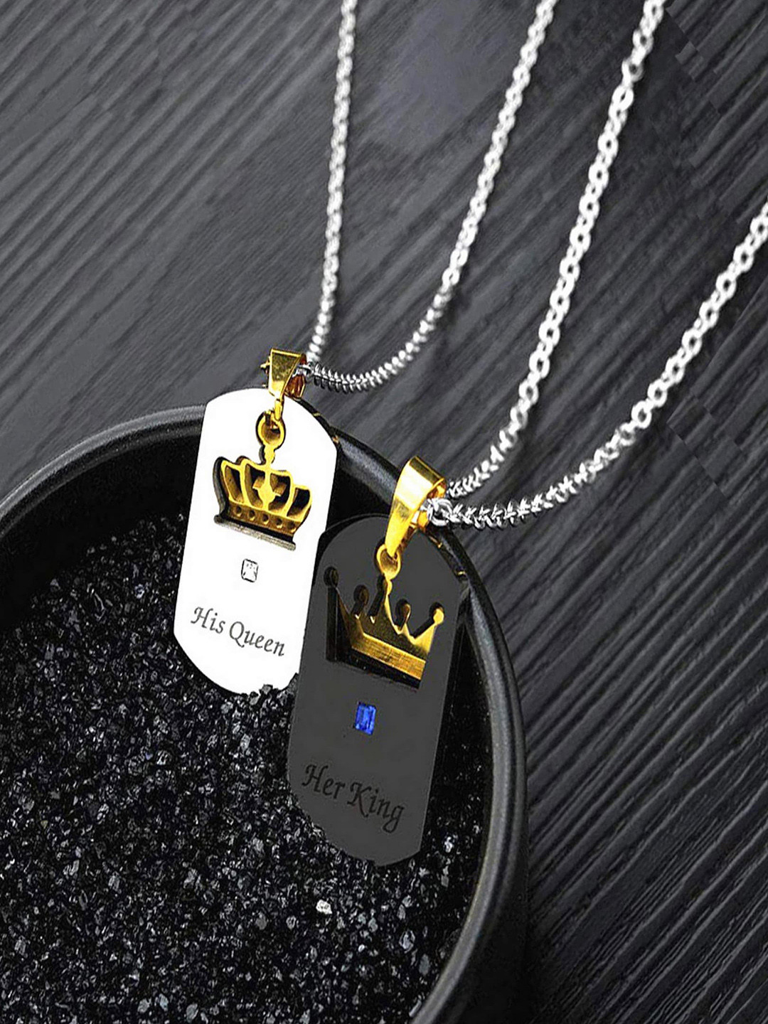 UNIVERSITY TRENDZ Set of 2 Silver-Plated & Toned Blue Crystal Studded King & Queen Detail Pendants with Chains