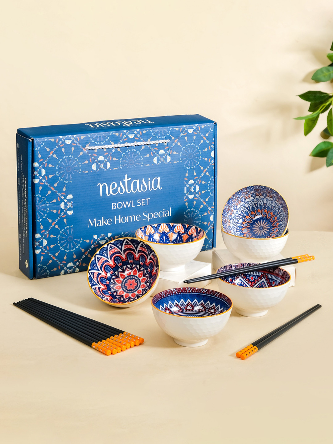 Nestasia White &Blue Pack Of 6 Microwave Safe Printed Ceramic Glossy Bowls And Chopsticks