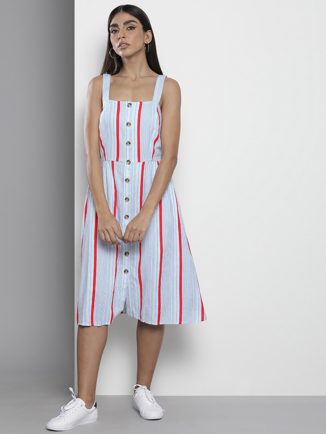 Tommy Hilfiger Women Blue & White Striped A-Line Midi Dress