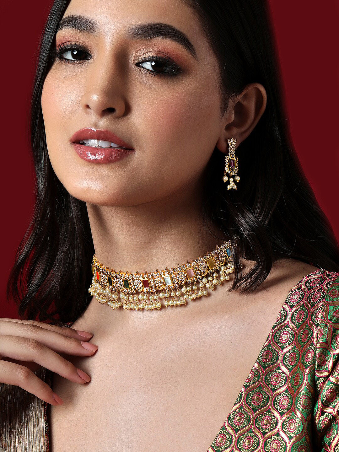 Rubans Gold-Plated Red & Purple Stone-Studded Jewellery Set
