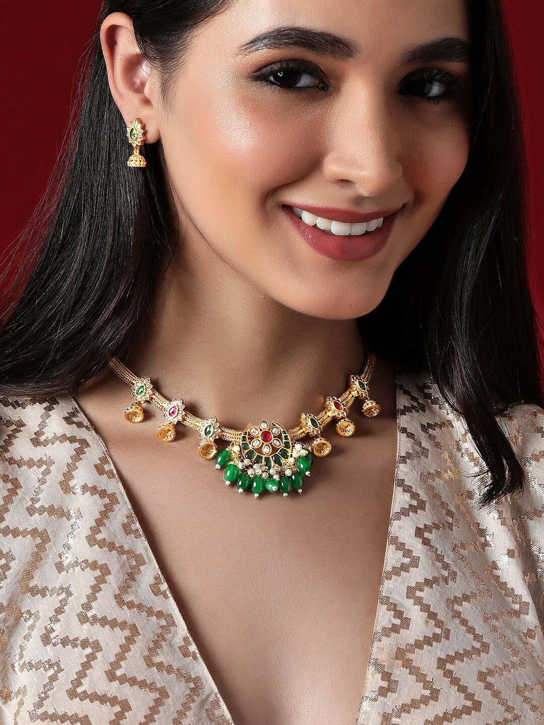 Rubans 22K Gold-Plated Ruby Pink Emerald Green & White Stone Traditional Necklace Set