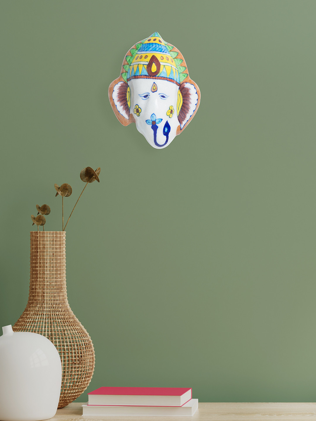 Golden Peacock Blue Pottery Lord Ganesha Ceramic Glossy Spiritual Wall Decor-4.9In