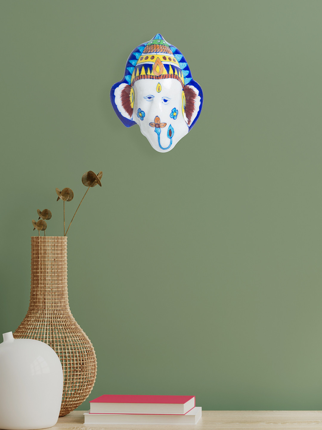 Golden Peacock Blue Pottery Lord Ganesha Glossy Spiritual Wall Decor-4.9In