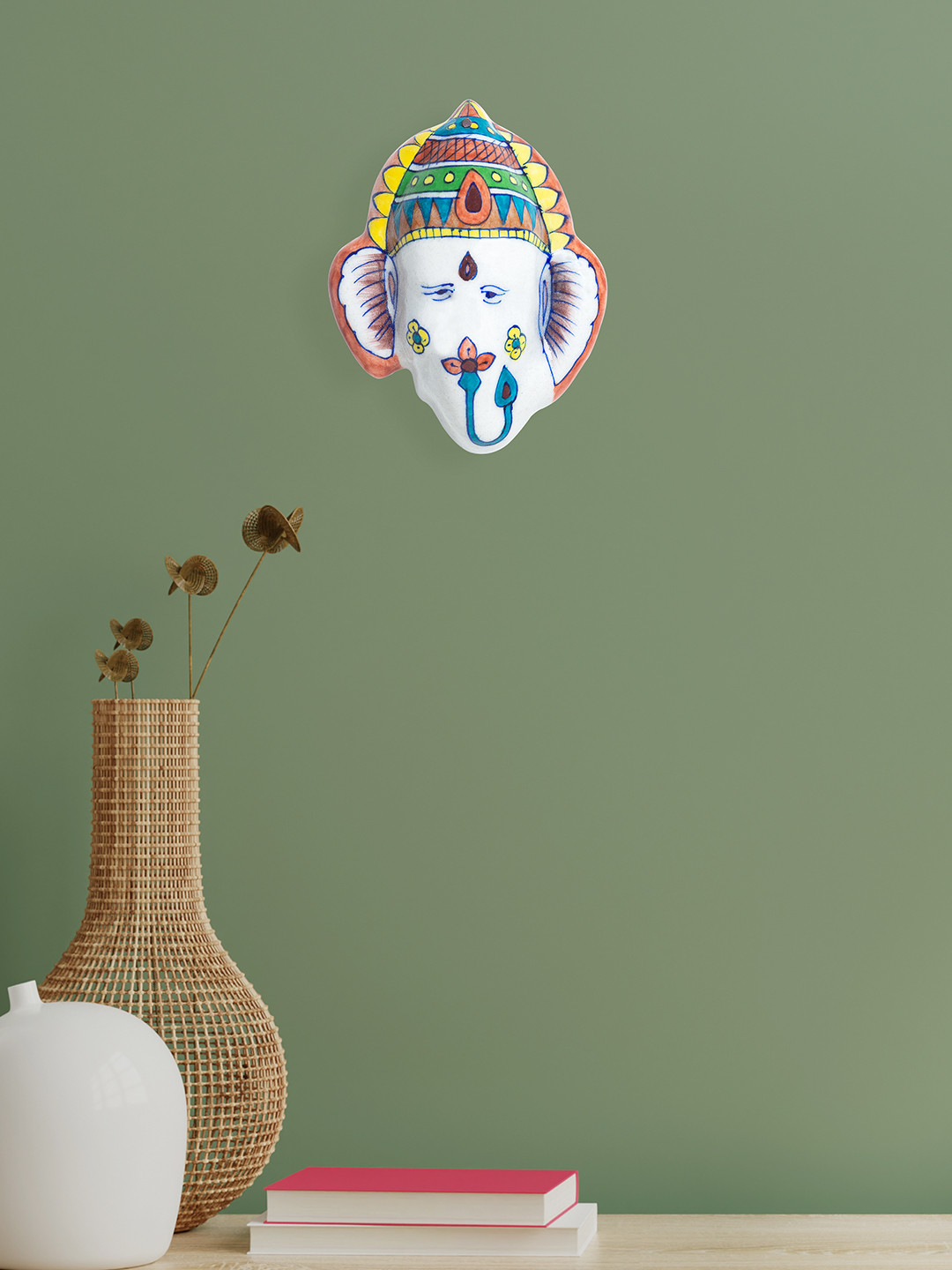 Golden Peacock Blue Pottery Lord Ganesha Ceramic Matte Hall Spiritual Wall Decor-4.9In
