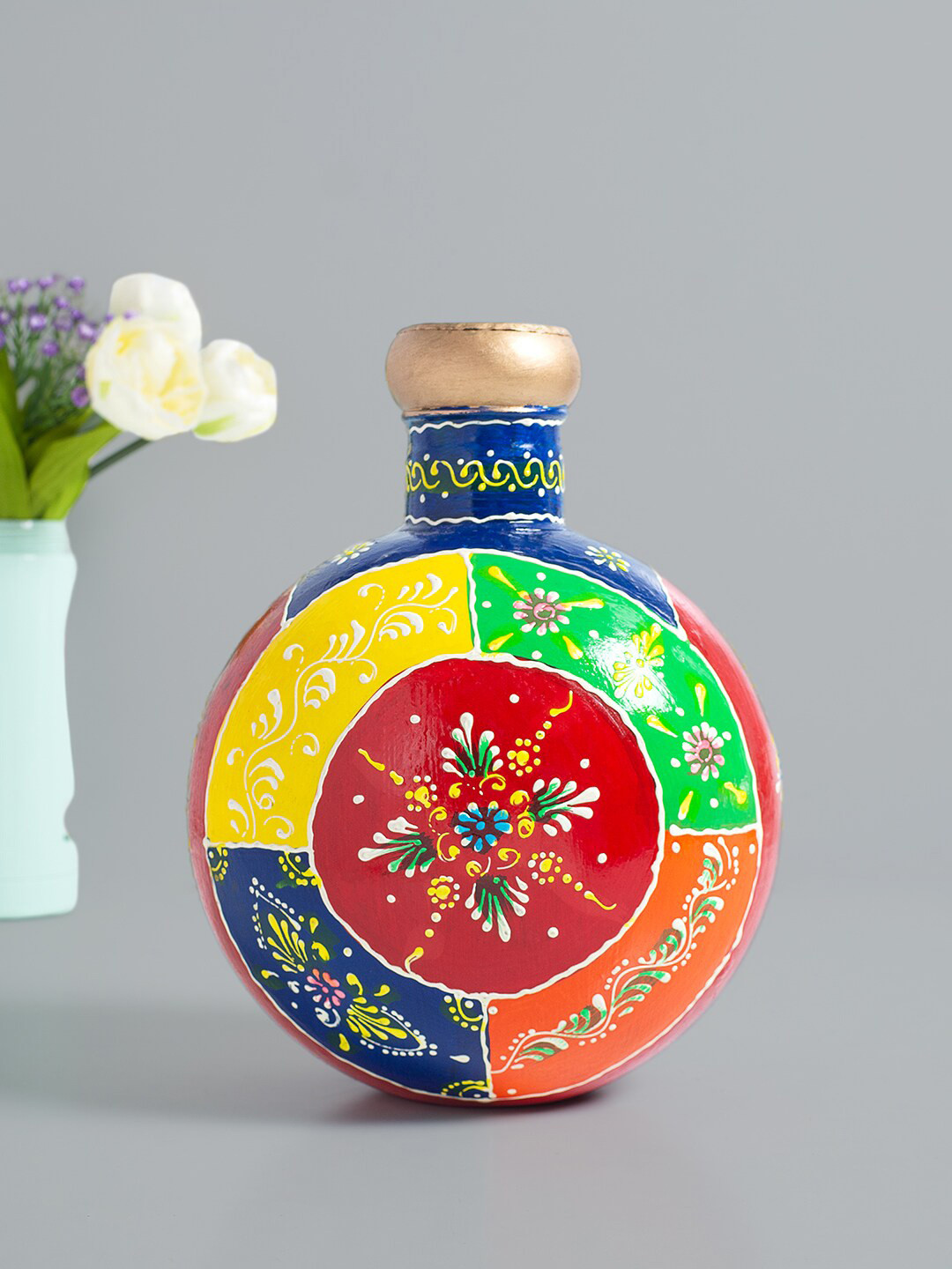 Golden Peacock Decorative Vase Red Metal Metallic Living Room Hand-Painted Medium Showpiece - 10.2 Inches