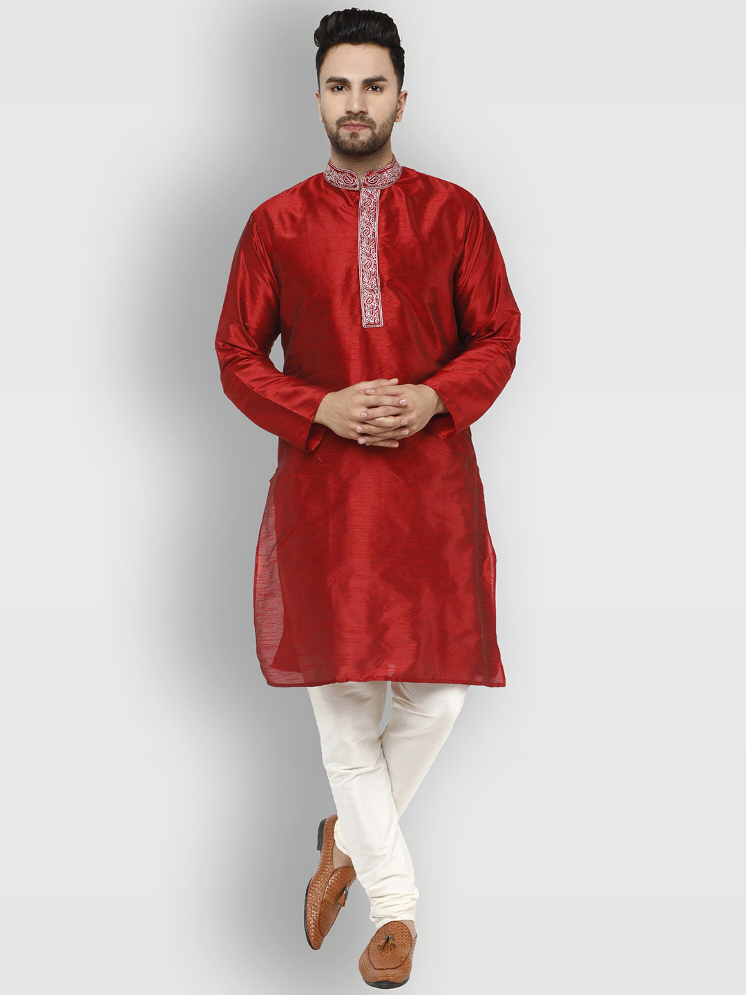 Enciger Men Red & White Solid Kurta With Pajamas