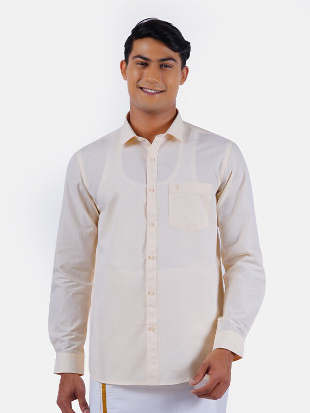Ramraj Men Cream-Coloured Solid Pure Cotton Casual Shirt