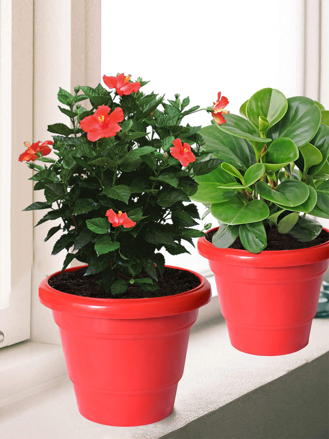 Kuber Industries Set Of 5 Red Solid Large Plastic Planters With Drainage Hole