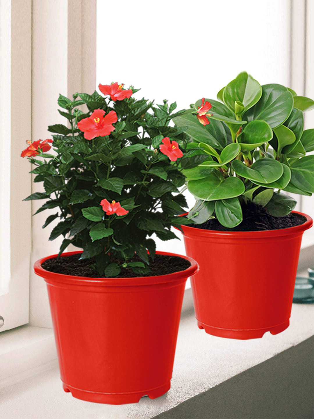 Kuber Industries Set Of 4 Red Solid Large Plastic Flower Planters With Drainage Hole