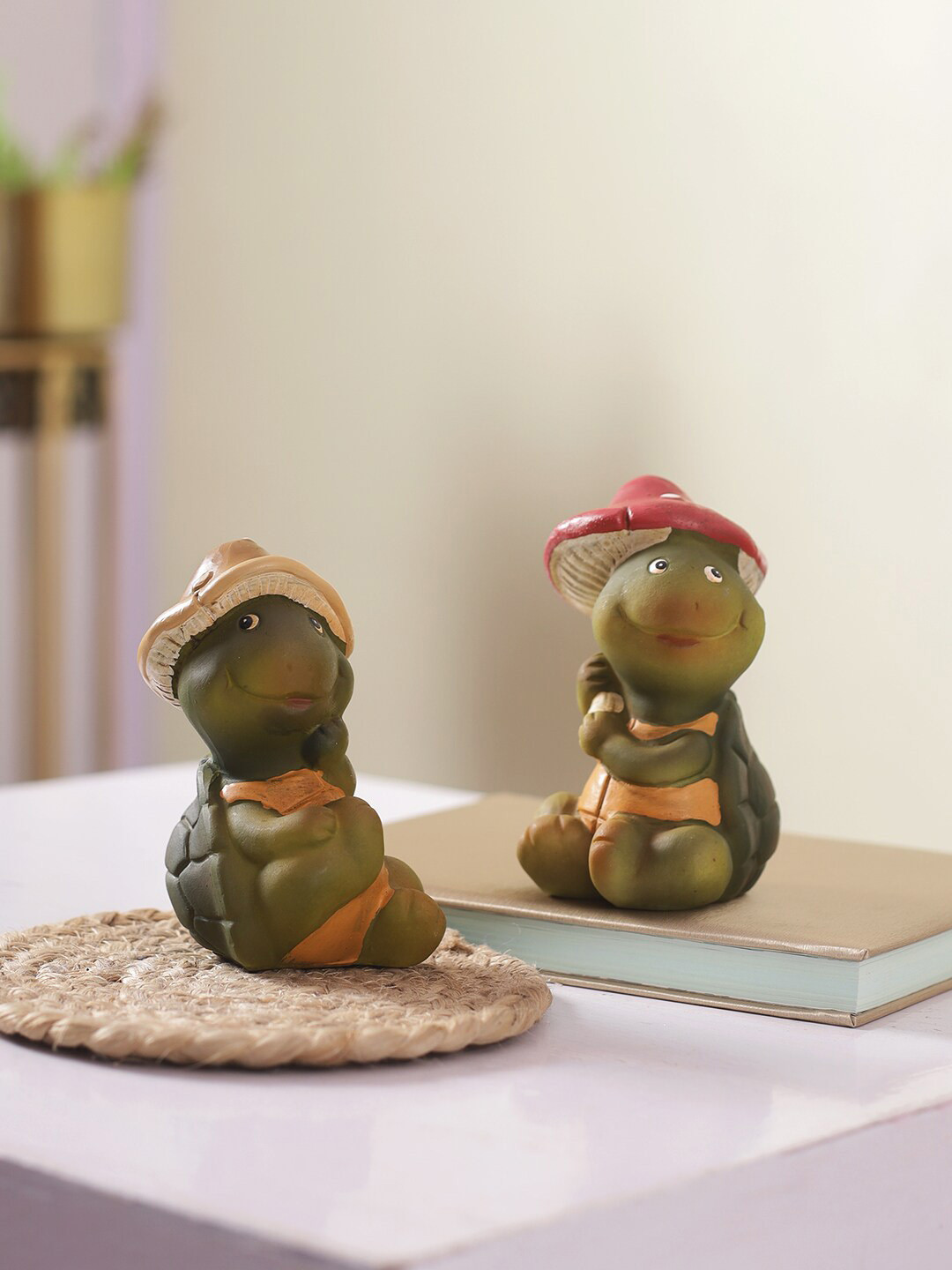 TAYHAA Mushroom Turtle Brown Polyresin Matte Living Room Set of 2 Small Showpieces - 4.5 Inches