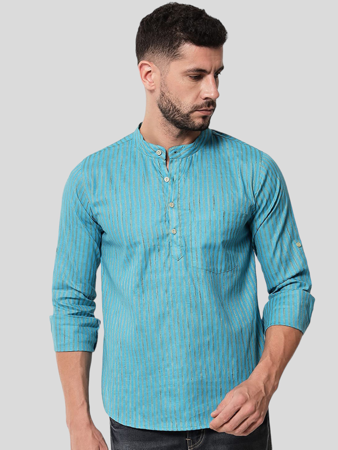 Vastraa Fusion Vertical Striped Mandarin Collar Pure Cotton Kurta