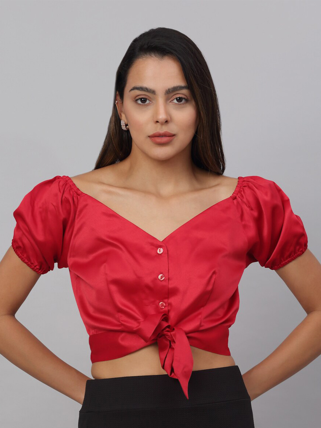 NEUDIS Red Satin Blouson Crop Top