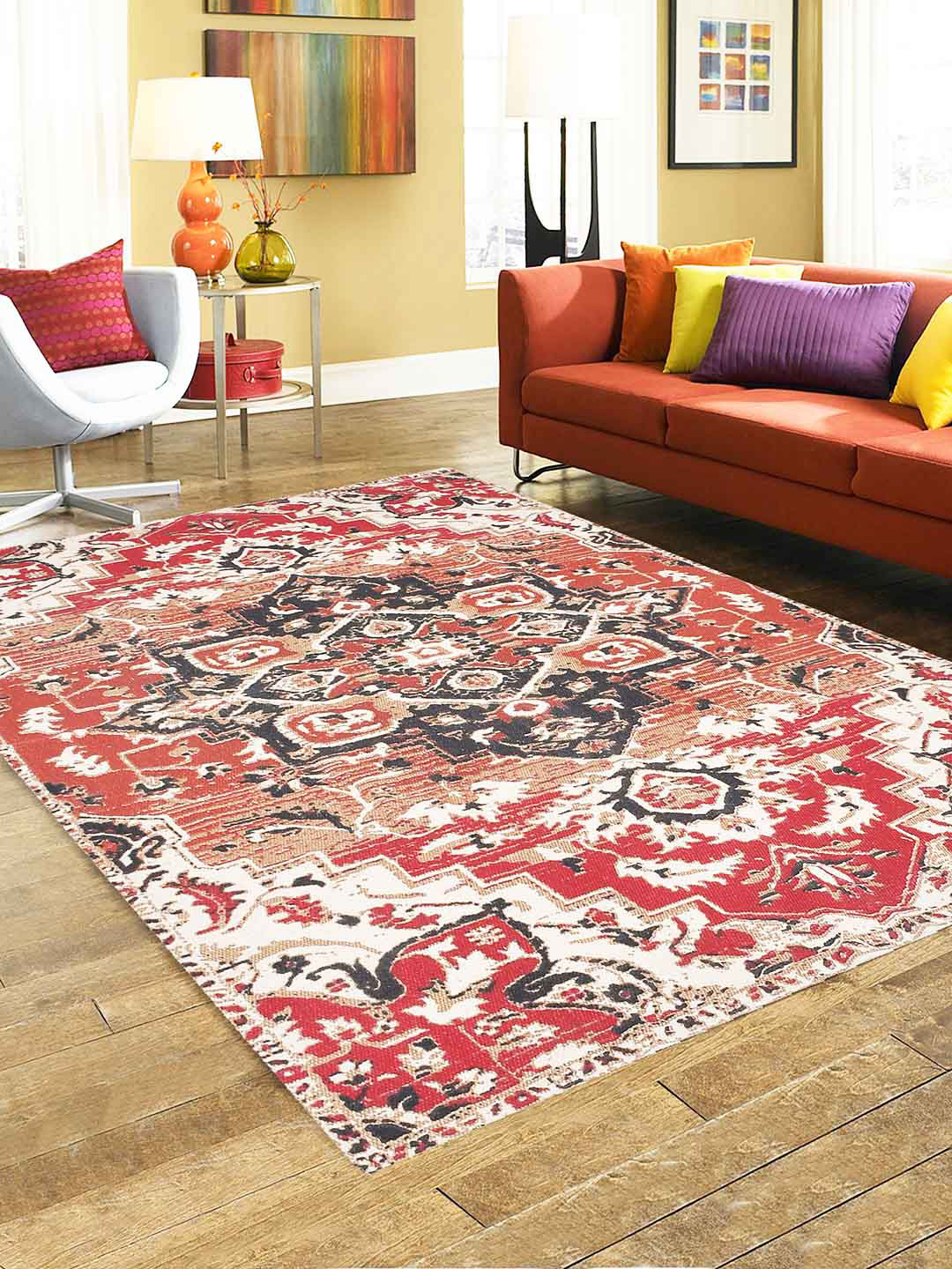 BLANC9 Black & Red Ethnic Motifs Patterned 800 GSM Cotton Carpets